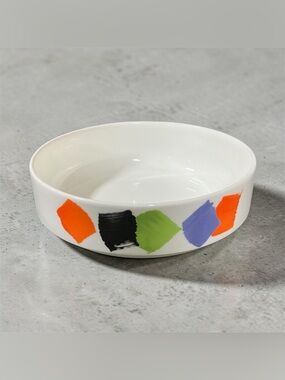 Nikko Ceramics White Bowl with Orange, Black, Green & Purple Brushstrokes